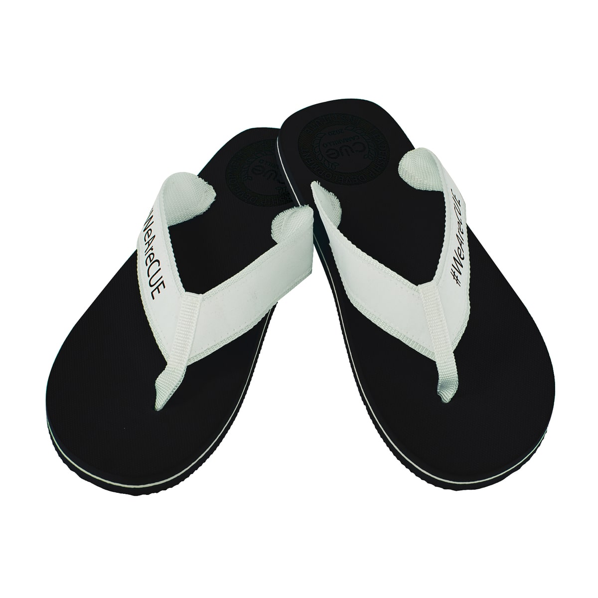 white fabric flip flops